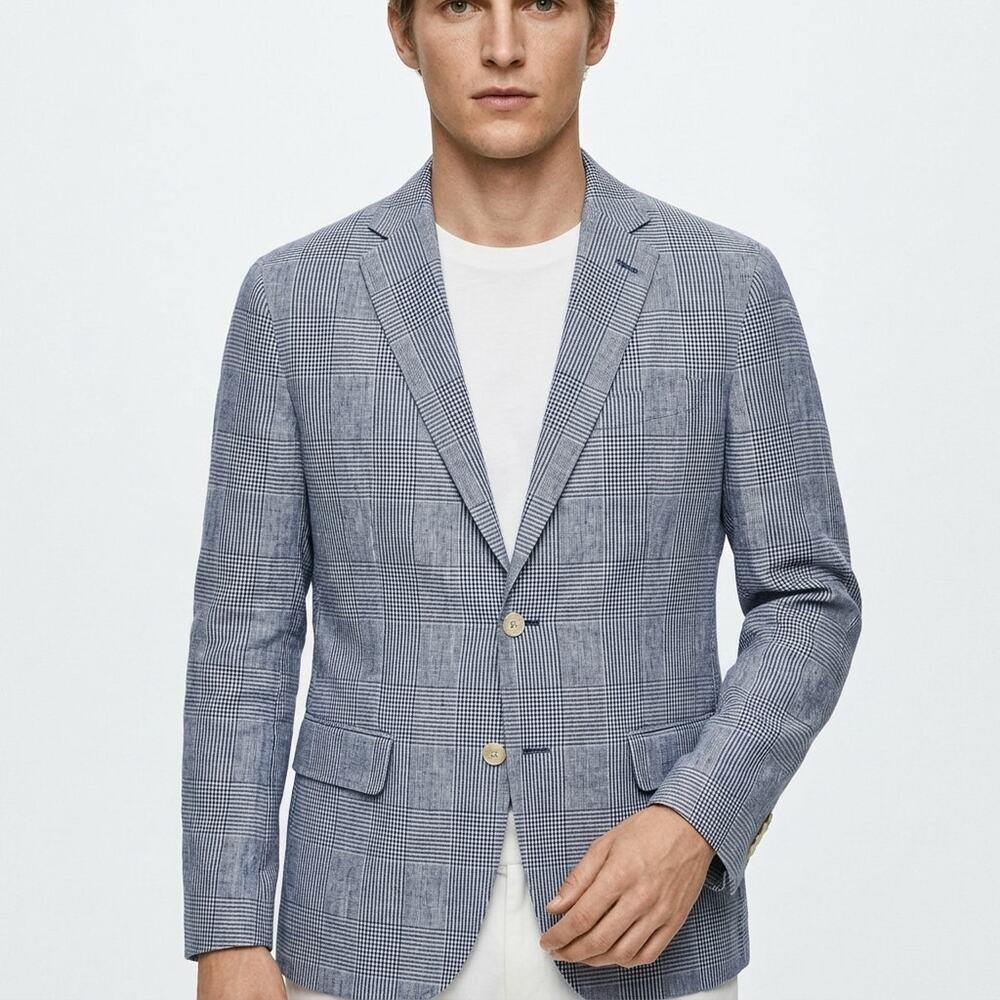 Massimo Dutti Linen Blend Blue Plaid Lined Jacket Men Size 44